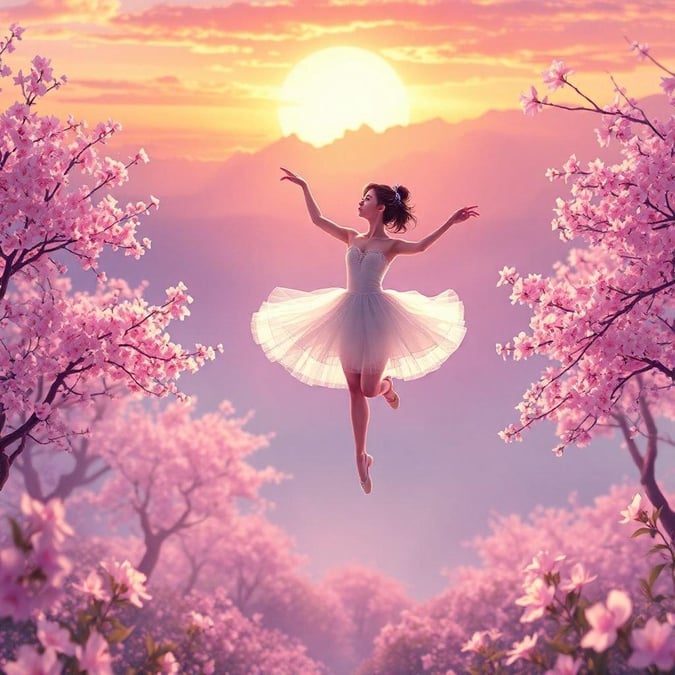 A delicate ballerina gracefully dances among cherry blossoms under a soft glowing sky, capturing the essence of spring's beauty.