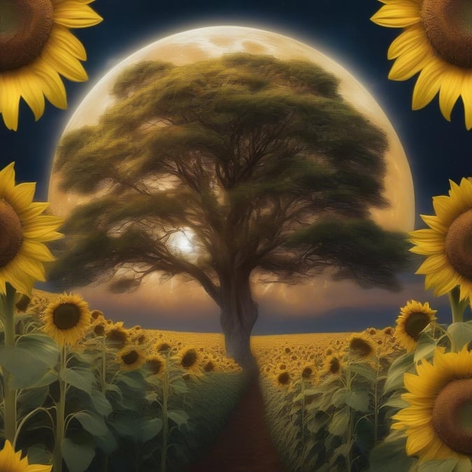 This beautiful wallpaper features a serene sunflower field and a majestic tree, perfect for adding a touch of nature and inspiration to your desktop or mobile device.