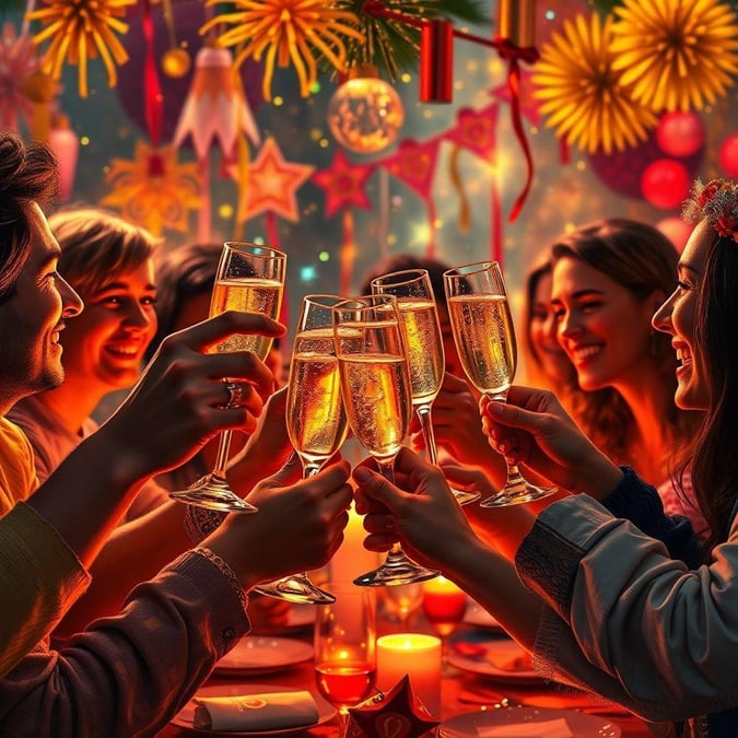 A joyful gathering of friends celebrating the start of a new year. They are toasting with champagne glasses, surrounded by festive decorations and balloons.