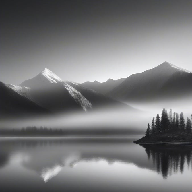 A tranquil black and white view of fog-enshrouded mountains, with a serene lake and lone trees on the shore.