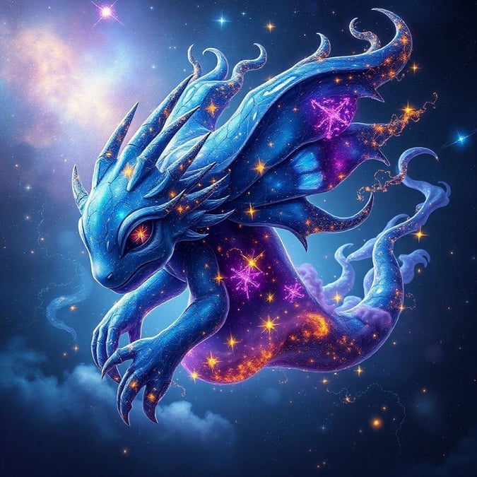 Immerse yourself in the cosmic beauty of this digital artwork, where a majestic dragon soars through the galaxy, its scales shimmering with celestial light.