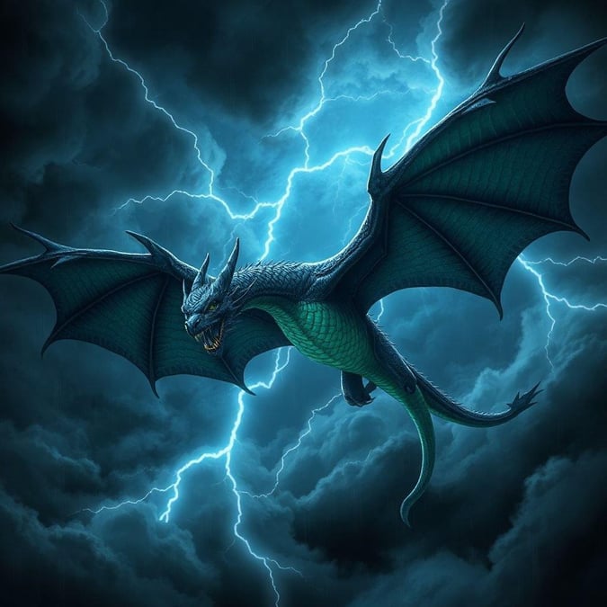 A majestic dragon soars through a stormy sky, its scales glistening in the dim light.