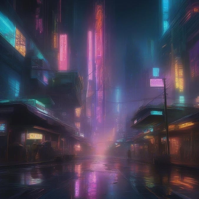 A wet neon night in a cyberpunk city, where the rain reflects pink hues and futuristic lights. Futuristic city with skyscrapers under the mist.