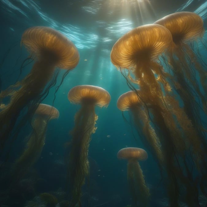 This stunning wallpaper showcases a breathtaking underwater scene, featuring a school of majestic golden jellyfish gracefully swimming in the ocean. The image captures the beauty and serenity of the underwater world, inviting you to immerse yourself in its tranquility. Perfect for desktop and mobile use, this wallpaper is sure to delight anyone who loves the ocean and its incredible creatures.