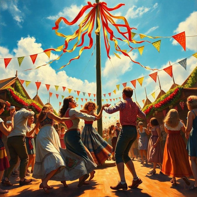 Experience the joy and excitement of Oktoberfest with this captivating image of people dancing around a maypole, surrounded by festive decorations and a picturesque sky.