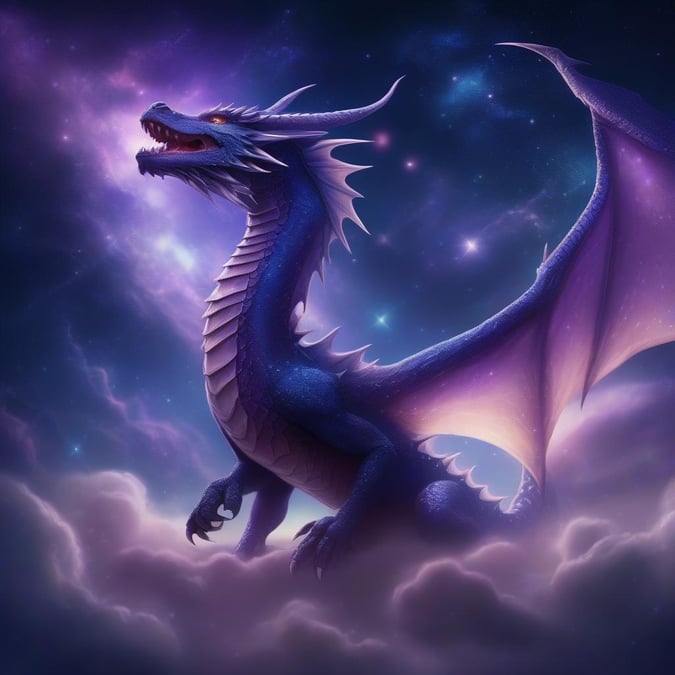 This fantasy creature wallpaper features a majestic dragon soaring through the clouds.