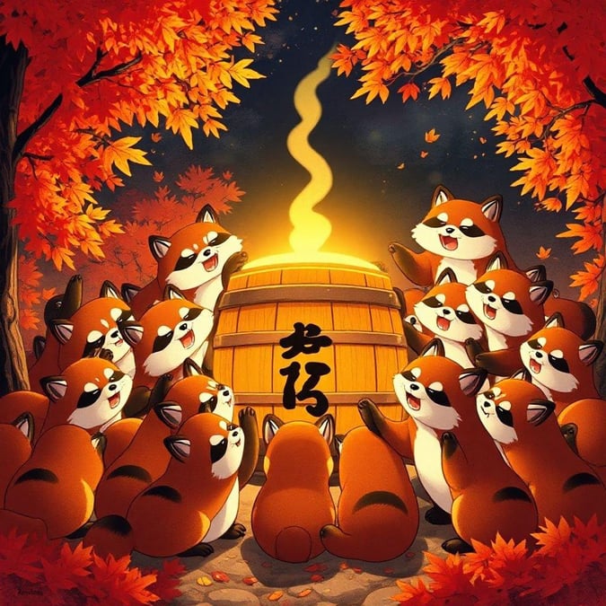 A festive scene with a group of anime fox characters gathering around a barrel of sake, possibly a keg, to celebrate in autumn. The barrel has Japanese kanji on it, suggesting a connection to Japanese culture or tradition.