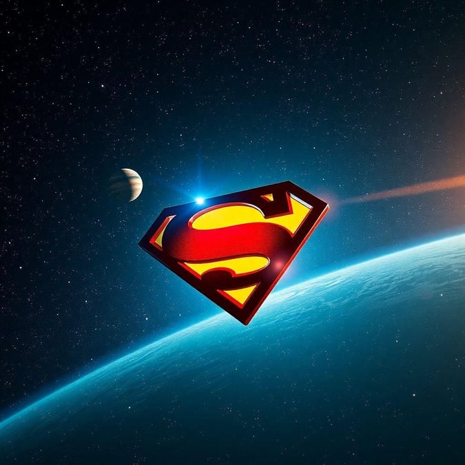 Este papel de parede apresenta o icônico logo do Superman voando pelo espaço, ambientado contra um deslumbrante pano de fundo de estrelas e planetas.