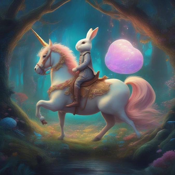 A delightful scene from the magical forest, featuring a charming rabbit on a unicorn. This fantastical image is sure to enchant kids and cartoon lovers alike.