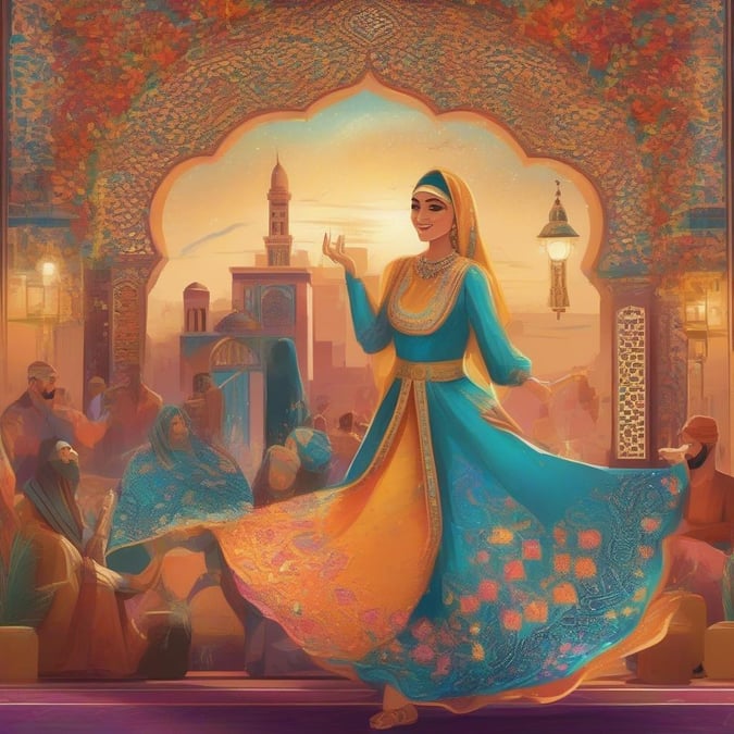 In the heart of the city, a young woman in traditional Eid attire twirls joyfully under the stars, her gold bracelet glinting as she tosses rose petals into the air. The warm glow from the lanterns and street lamps casts long shadows and adds to the festive atmosphere of the holiday.