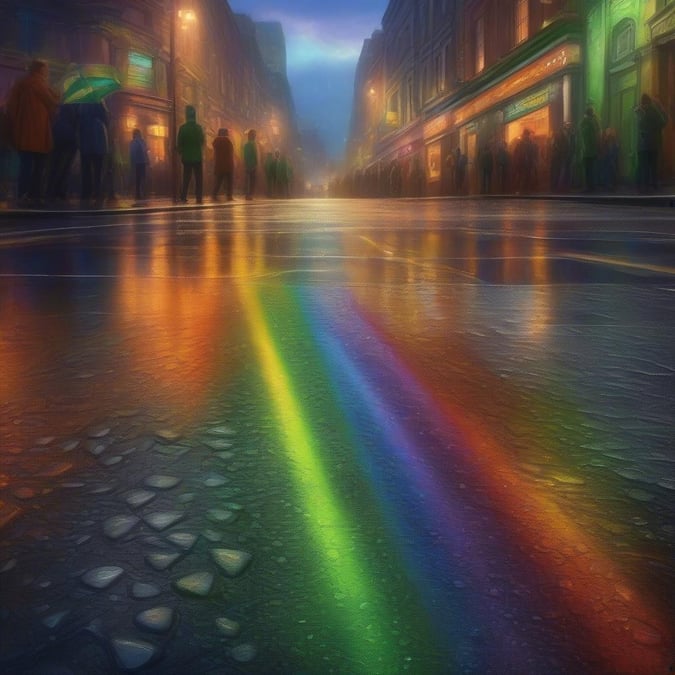 A vibrant St. Patrick's Day scene with a rainbow path down the street, wet pavement reflecting the colors, and city life continuing around it.