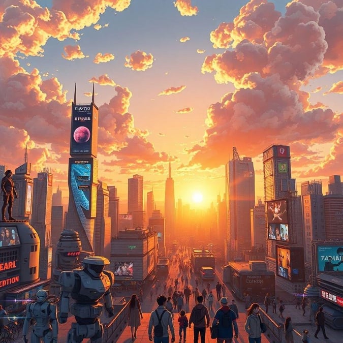 A vibrant and dynamic image of a futuristic cityscape at sunset, featuring a bustling metropolis, robots, and humans.