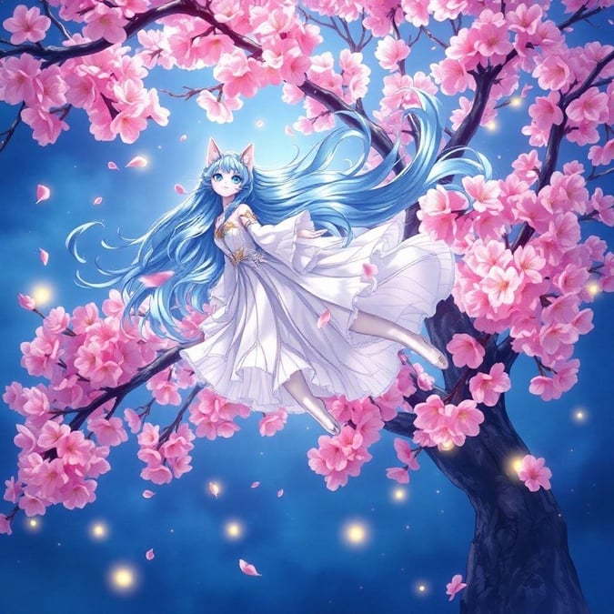 Esta impressionante ilustração em estilo anime apresenta uma deusa gato descendo sobre uma árvore de cerejeira, sua pelagem azul e branca se misturando perfeitamente com as flores rosas. O fundo azul profundo cria uma mistura harmoniosa de natureza e fantasia.