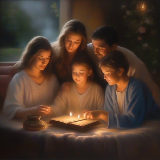 A family gathered around a table, reading from an open book with warm candlelight illuminating their faces. The scene conveys a sense of unity and the shared joy of spending quality time together, making it perfect for a Mother's Day wallpaper.