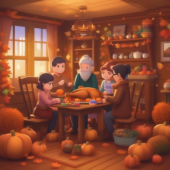 A heartwarming depiction of a family enjoying a cozy Thanksgiving meal together.