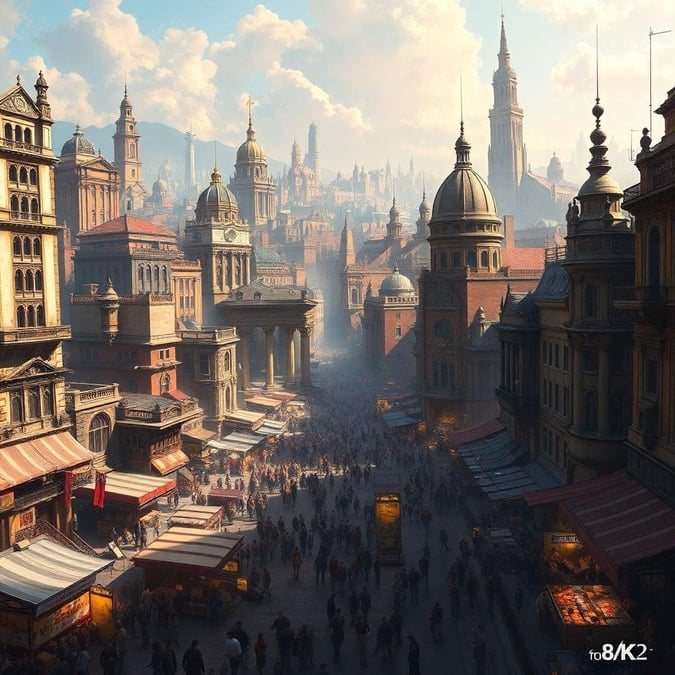 A bustling scene from an old European town, filled with merchants, shoppers, and travelers.