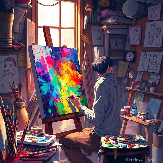 A person is deeply engaged in painting, surrounded by an array of art supplies and anime characters.