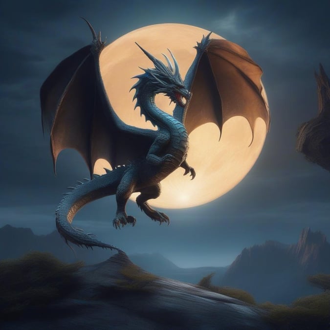 A majestic dragon soaring through the night sky, with a full moon as its backdrop. This fantasy creature exudes an aura of mystery and power.