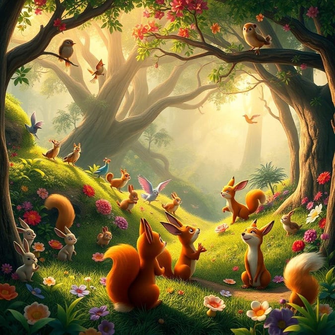 A cheerful gathering of cartoon fox friends in a vibrant forest setting, celebrating spring with a flurry of flowers and chirping birds.