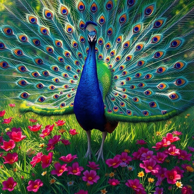 This stunning wallpaper features a majestic peacock standing proudly in a lush garden, its vibrant feathers glistening in the sunlight. The image is perfect for anyone who loves nature and wildlife.