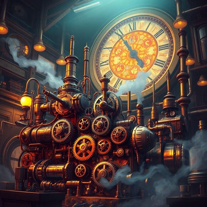 A fantastical steampunk scene set in an inventor's workshop. The room is filled with gears, machinery, and a large clock displaying intricate mechanisms.