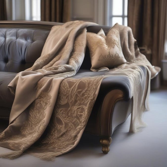 This image showcases a sophisticated living room, featuring a dark brown leather couch, a beige throw blanket, and a matching pillow. The room is illuminated by natural light pouring in through the window, which is adorned with brown curtains. The light-colored carpet adds warmth to the space, creating a cozy atmosphere.