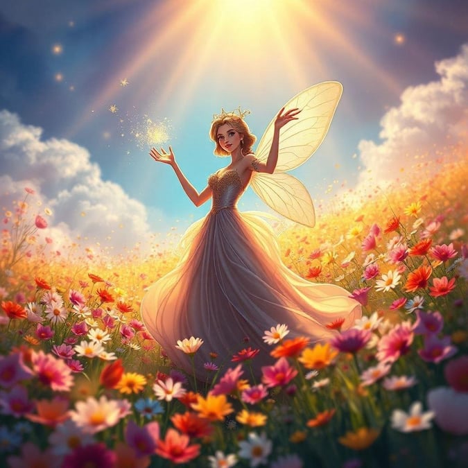 A beautiful fairy stands in a field of colorful flowers, surrounded by the magic of nature.