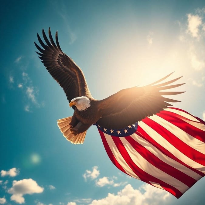 Celebrate the spirit of American independence with this breathtaking wallpaper. An eagle, a symbol of strength and freedom, soars against a clear blue sky, carrying the stars and stripes in its grasp.