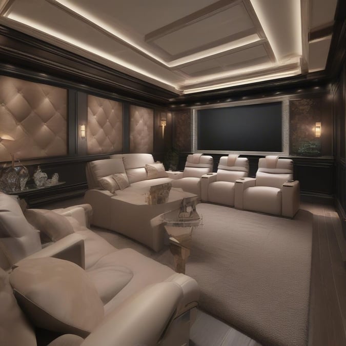 Transform your living room into a luxurious home theater with this stunning wallpaper. Perfect for movie nights and relaxation, this elegant design adds a touch of sophistication to any space.