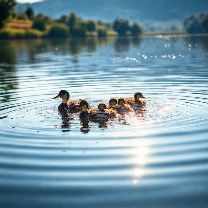 A peaceful moment with a family of ducks swimming together in the tranquil lake waters.