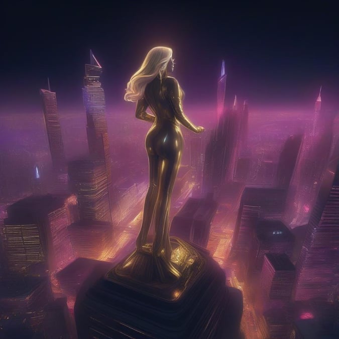 This stunning wallpaper features a golden statue of a woman standing atop a pedestal in the middle of a bustling city.