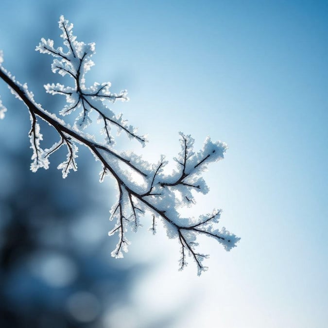 This chilly winter scene captures the essence of minimalism with its simplicity and elegance. A frost-covered branch stands out against a clear sky, a testament to the beauty in nature's quiet moments.