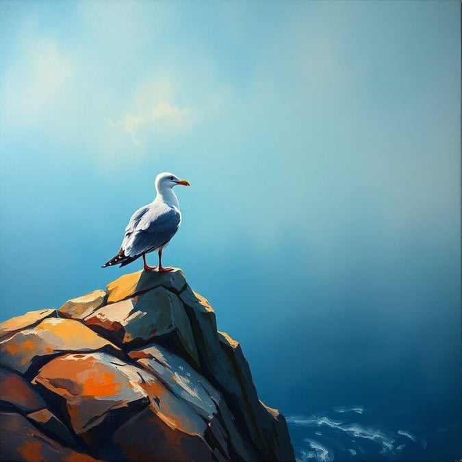 An idyllic view of the ocean with a lone seagull standing on the rocks, evoking a sense of tranquility and freedom.