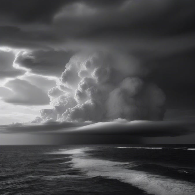 This black and white wallpaper captures the power and beauty of a stormy ocean, with waves crashing against the shore and clouds gathering in the sky.