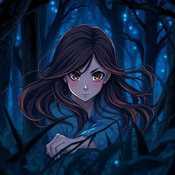 Diese fesselnde Anime-Illustration zeigt ein junges Mädchen mit langen braunen Haaren, das durch einen dunklen Wald schleicht. Ihr intensiver Blick ist auf den Betrachter gerichtet, während ihre fließenden Locken der Szene eine gewisse Bewegung verleihen. Das sanfte blaue Licht im Hintergrund schafft eine ätherische Atmosphäre und taucht den Betrachter in die geheimnisvolle Welt des Animes ein.