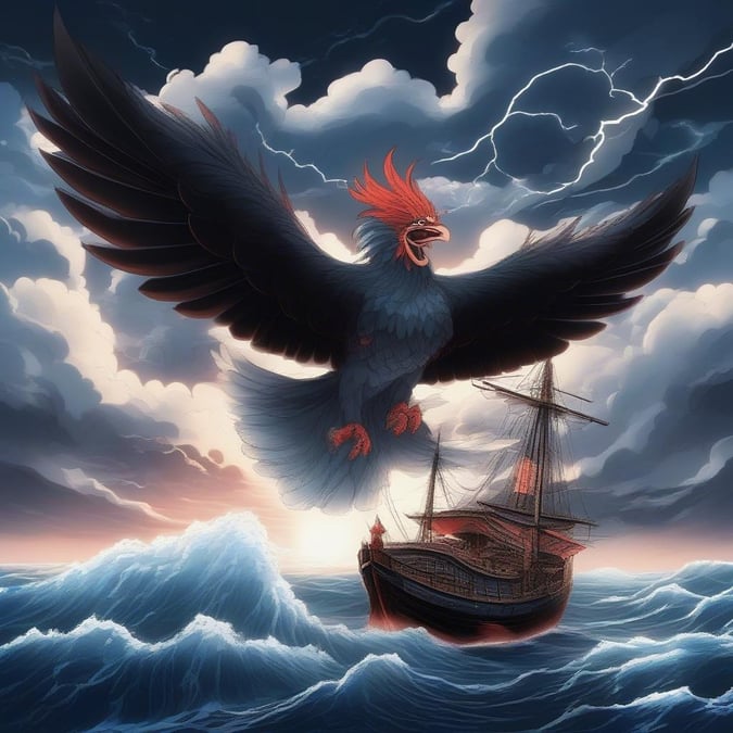 An exhilarating scene of a tengu soaring above a tempestuous sea. The mythical bird grapples a ship with its claws, as lightning illuminates the tumultuous waters below.