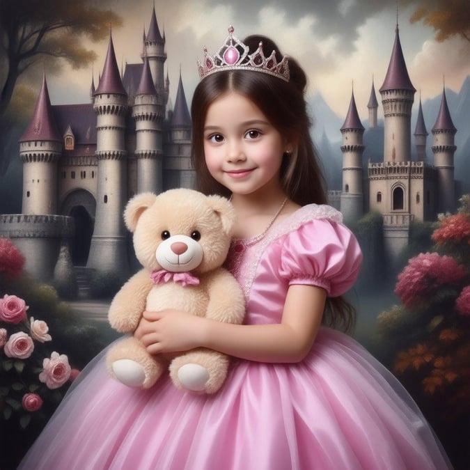 The young princess radiates joy, holding a soft teddy bear. She stands amidst the whimsy of a fairy-tale castle.