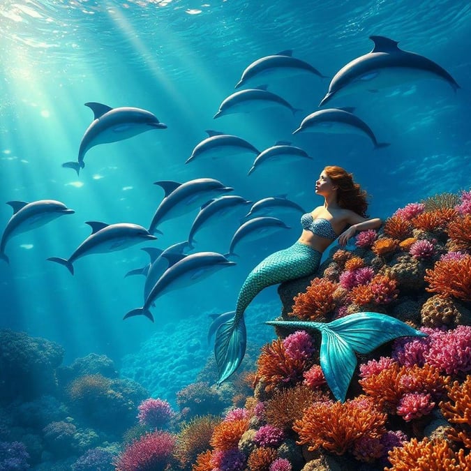 A young mermaid, adorned in a vibrant shell top and tail, sits on a coral reef as she watches a playful pod of dolphins dart past her.