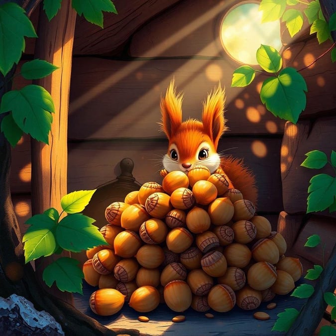 A playful fox enjoys the simple pleasure of collecting nuts in a whimsical forest scene.