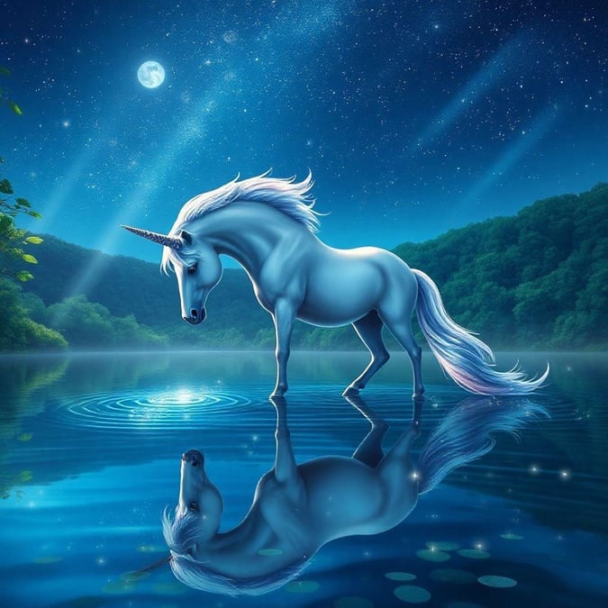 This enchanting scene captures the beauty of a majestic unicorn, its horn gleaming under the moonlight, standing serenely by a still pond. The tranquil setting is bathed in the soft glow of stars, creating an atmosphere of peace and wonder that is perfect for a wallpaper on your desktop or phone.