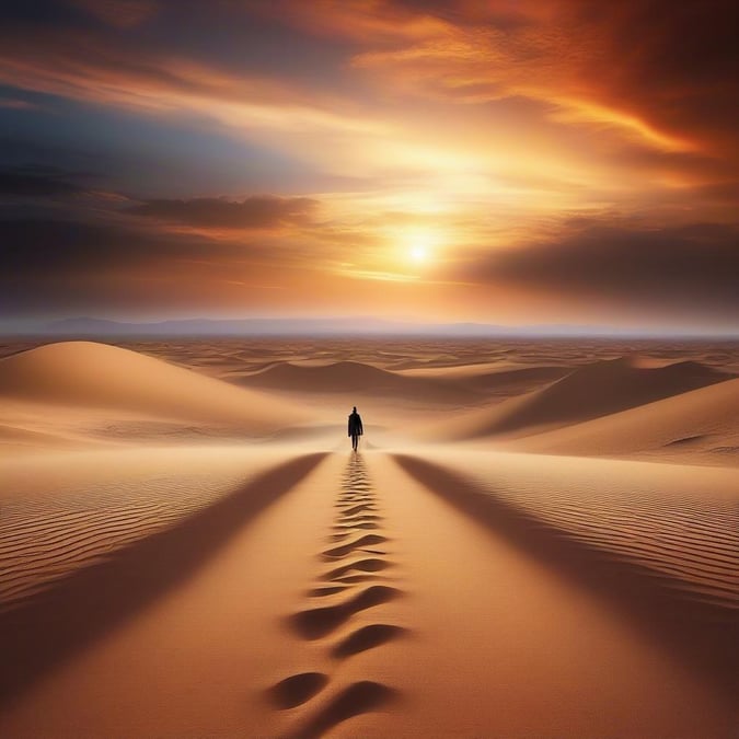 The lone traveler braves the harsh desert night, navigating through a stormy evening to reach an oasis.