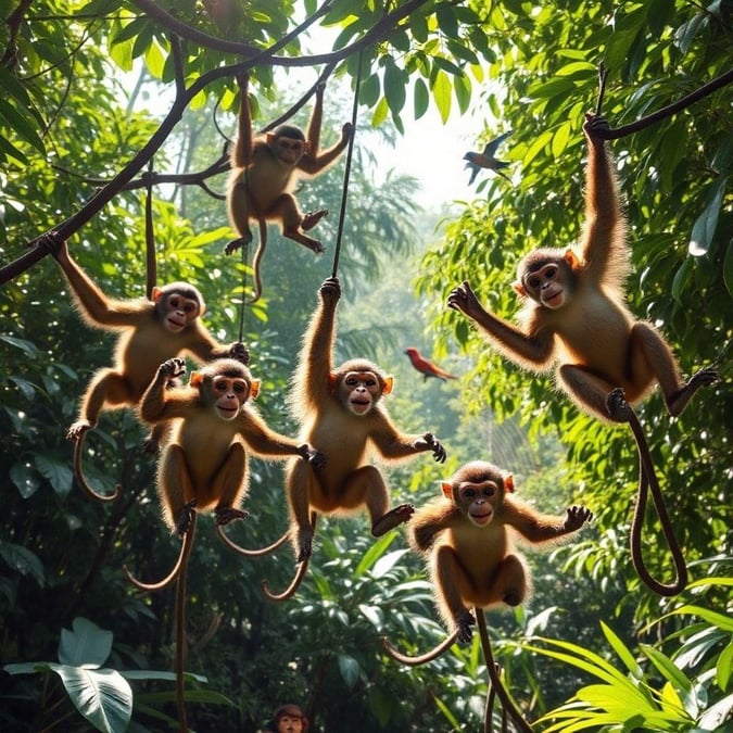 A delightful scene of monkeys swinging through the trees, full of life and energy.