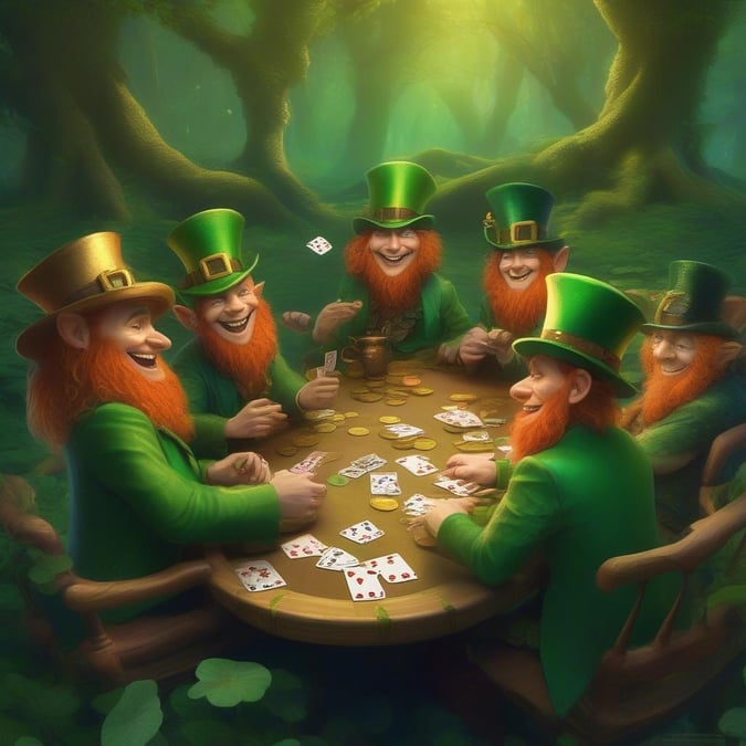 Join our lucky leprechauns as they share a jolly time in the enchanted forest, with their favorite pastime – cards! The joyous gathering brings together these mischievous characters from all over the Emerald Isle, united by their love for good cheer and camaraderie. Surrounded by the mystical beauty of an Irish woodland on St. Patrick's Day, they revel in the merriment and magic of their mythical home.