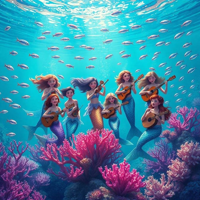 Gathered on a coral reef, these mermaids are playing an impromptu concert. Their harmonies seem to echo through the depths of the ocean.