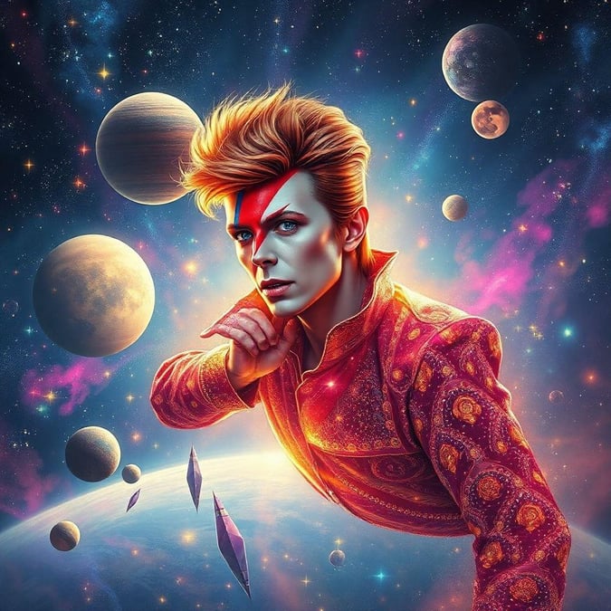 David Bowie, the cosmic rocker, explores the vast universe in this otherworldly wallpaper. His iconic persona is captured amidst a backdrop of galaxies and stars, embodying the limitless creativity and influence he left behind.