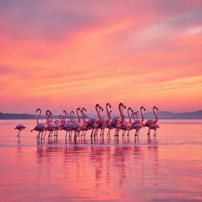 This beautiful wallpaper features a stunning sunset scene with a flock of flamingos in the foreground, creating a breathtaking and peaceful atmosphere.