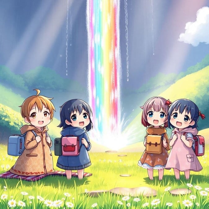 Un groupe de jolies filles anime profitant d'un pique-nique sous les couleurs éclatantes d'une cascade. Leurs couvertures et sacs à dos colorés ajoutent à leur joyeuse aventure en plein air.