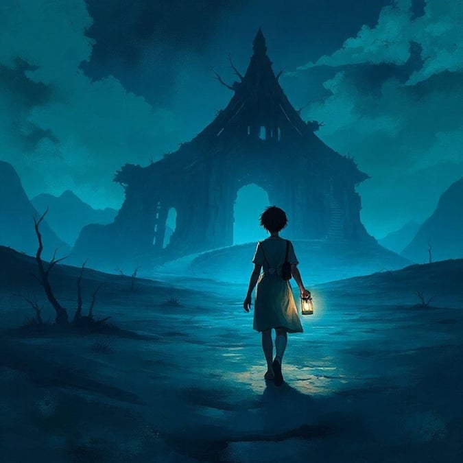 This anime wallpaper features a lone figure walking through a desolate landscape, with a mysterious lantern hanging from their hand. The scene is awash in blues and greens, with an ancient, abandoned structure in the background.