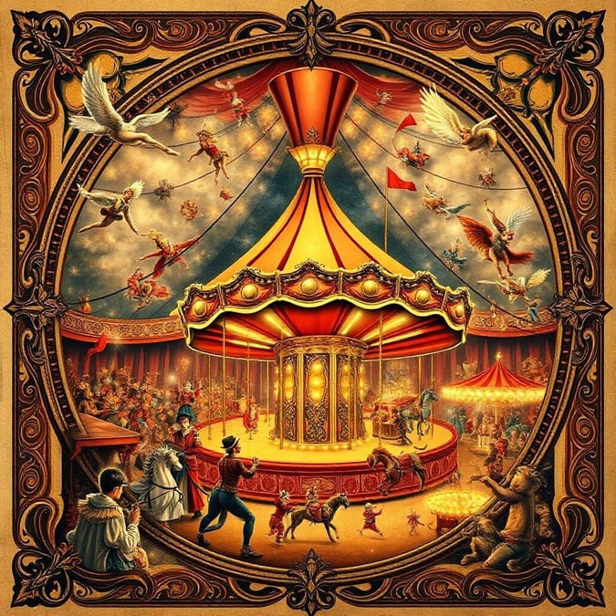 Step right up to this enchanting carousel, where the circus comes alive with fantastical figures and otherworldly characters. The golden carousel, a symbol of joy and whimsy, stands at the heart of this scene, surrounded by the daring antics of acrobats and the melodic strains of traveling musicians. This wallpaper captures the magical spirit of a fair under the stars, where reality and imagination meld into one vibrant spectacle.