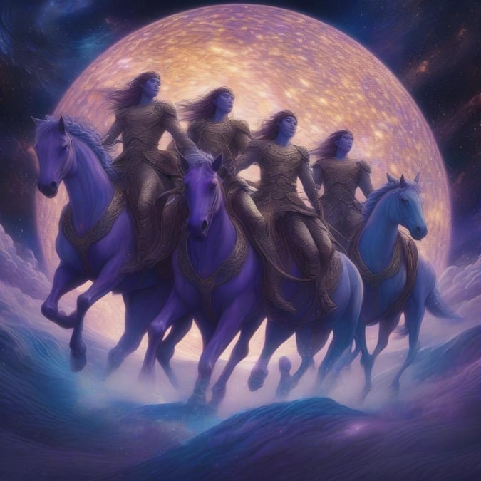 Embark on a thrilling adventure through the cosmos with this stunning fantasy world wallpaper. Four women ride majestic horses in front of a large planet, surrounded by a starry sky that seems to stretch on forever.